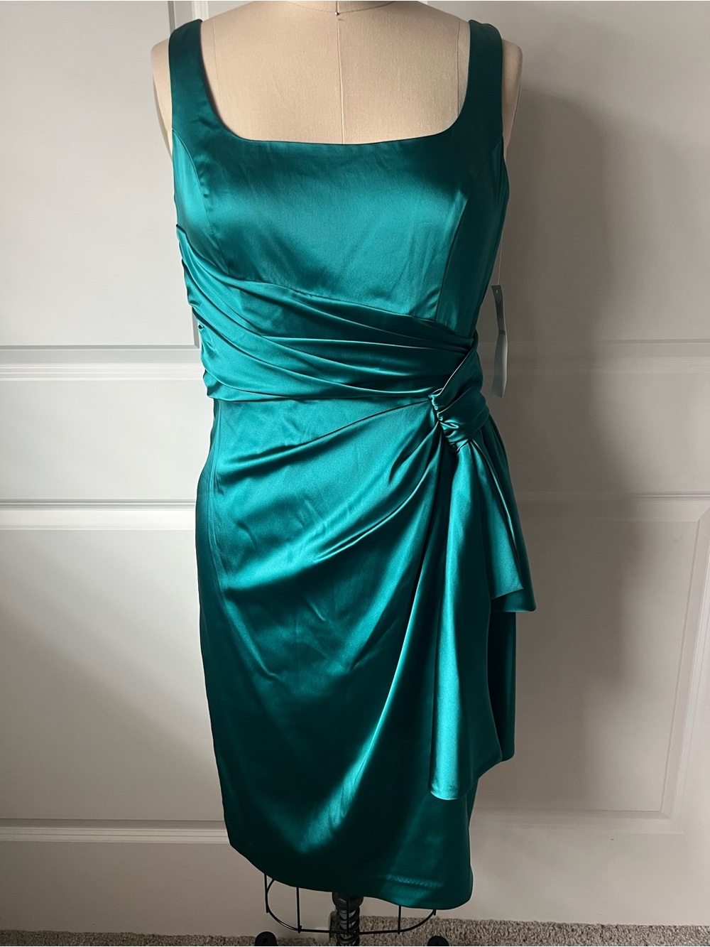 Maggy London Teal Satin Draped Midi Dress
